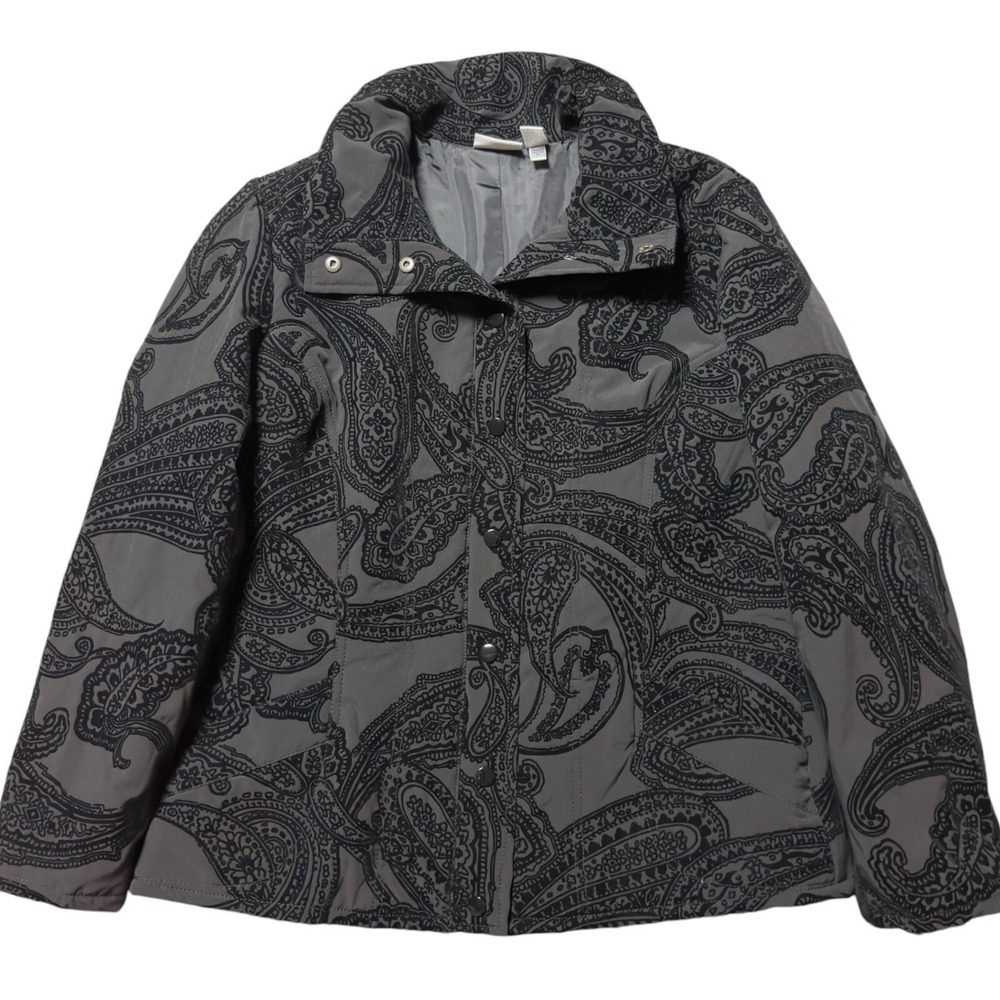 Zenergy Chicos Snap Button Black Jacket Paisley Velvet Damask Travel Windbreaker